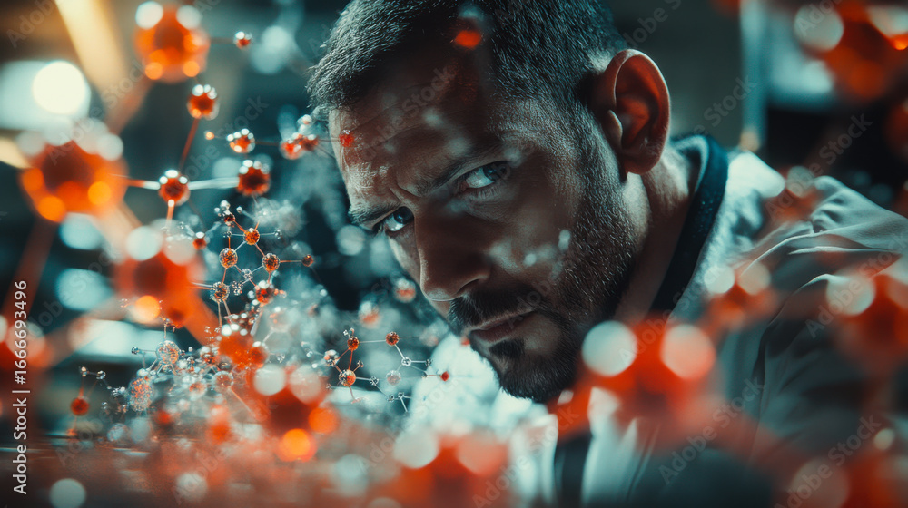 Poster scientist analyzing molecular structure in a modern laboratory with vibrant elements during a resear