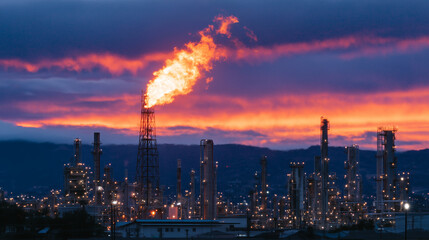 Obraz premium Twilight refinery scene, massive gas flare erupting bright orange and red flames, silhouetted towers and pipes in the foreground, darkening sky blending deep blue and purple hues