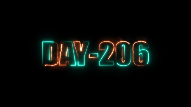 Neon text day-206 animation on black background.calender, text,number, days, date, countdown neon text concept.