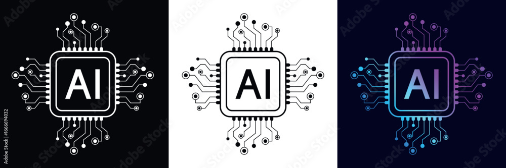 Fototapete artificial intelligence processor vector icon. Digital motherboard chip with artificial intelligence. Machine learning design