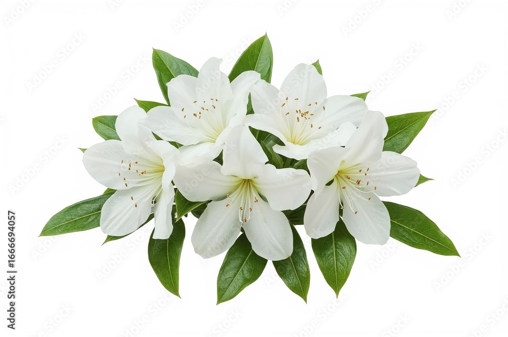 Poster white azalea blooms and foliage isolated on a white backdrop with clipping path