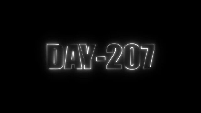 Neon text day-207 animation on black background.calender, text,number, days, date, countdown neon text concept.