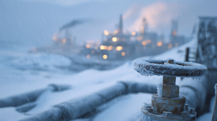 Moody industrial Arctic scene, frost-encrusted valve handle in foreground, pipelines fading into snowy landscape, cold pale light highlighting textures and extreme conditions