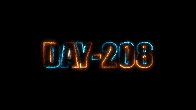 Neon text day-208 animation on black background.calender, text,number, days, date, countdown neon text concept.