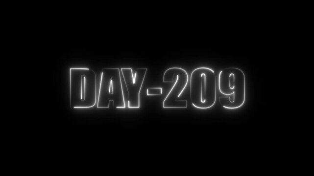 Neon text day-209 animation on black background.calender, text,number, days, date, countdown neon text concept.