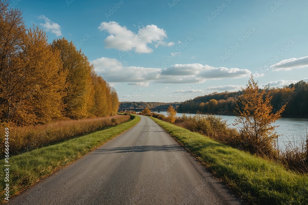 Poster riverside path lined with trees during the fall season in a scenic setting