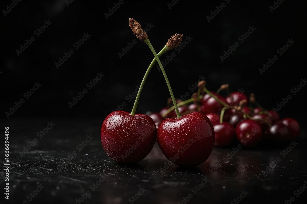Poster moody close-up of a pair of red cherries with intertwined stems resting on a dark metallic surface a