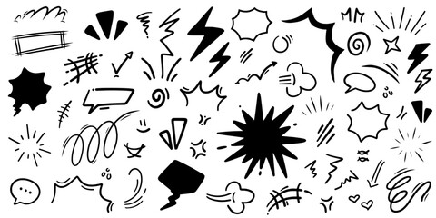 Fototapeta premium Set of black and white comic book action elements. Hand drawn doodle collection of speech bubbles, explosions, and lightning bolts for manga or pop art design.