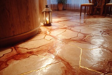 Elegant and Stylish Interior with Decorative Stone Floor Design Featuring Cracks and a Warm Lantern Illuminating the Cozy Atmosphere of the Living Space