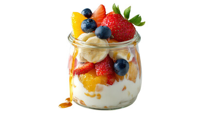 Fresh yogurt parfait in clear jar with sliced fruits and honey drizzle, flat lay isolated on a Transparent background, PNG file.