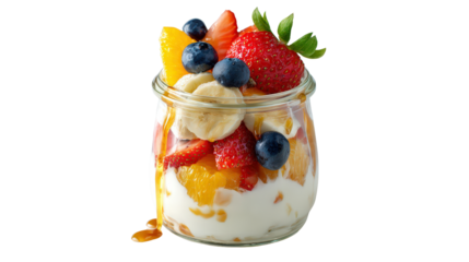 Fresh yogurt parfait in clear jar with sliced fruits and honey drizzle, flat lay isolated on a Transparent background, PNG file.