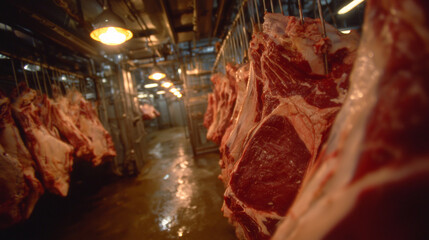 High-angle view down a meat storage aisle, raw beef sides suspended uniformly, reflective floor catching light from overhead industrial lamps, cold and sterile ambiance