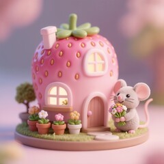 イチゴの3Dミニチュアハウス、鉢植えの花とカワイイスタイルのふわふわの小さなネズミキャラクターが花束を持つデザイン