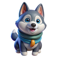 Fototapeta premium Adorable 3d cartoon husky dog with vibrant scarf cute and playful art transparent background