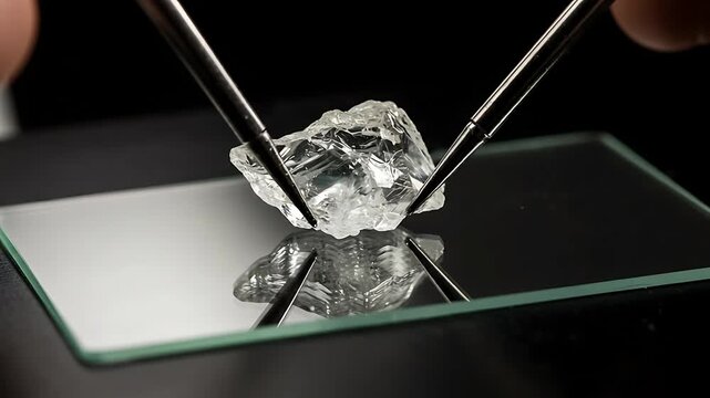 Close-up video of an uncut, raw diamond being examined on a glass surface, showing its natural
