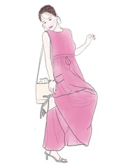 ピンクのワンピースの女性　全身