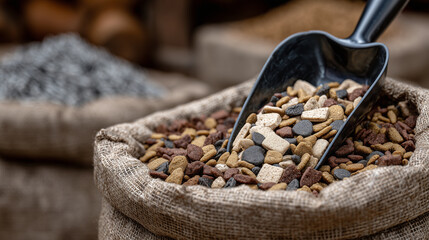 Close-up of large pet food bag, scoop partially buried in assorted kibble types, bright and sharp textures highlighting individual pieces, bag material clean and structured, convey