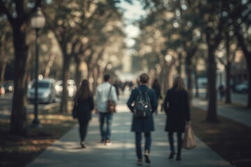 Obraz premium Vintage tone abstract image of pedestrians walking on a sidewalk during daylight with a bokeh background.