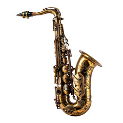 Distressed golden saxophone shines brightly on a black transparent background