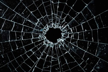 Fototapeta premium A shattered glass mirror with cracks against a dark backdrop