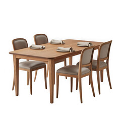  European oak dining table with 4 chairs, isolated, white background.