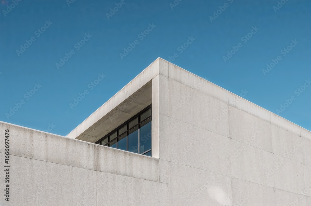 Poster contemporary structure featuring a triangular roof and concrete wall with geometric patterns under a