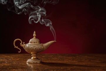 Magic lamp emitting smoke for Ramadan on a table with a deep red backdrop