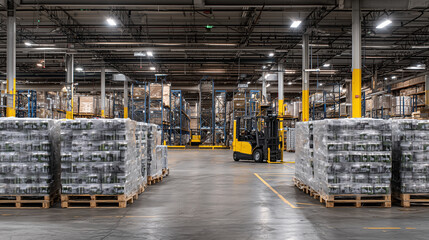 Panoramic warehouse scene, multiple rows of boxes with canned goods, pallets evenly spaced, forklifts and storage racks adding scale, industrial fluorescent lights above