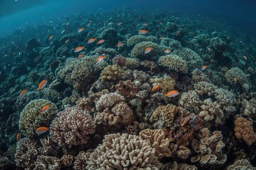 Numerous vibrant hard and soft corals alongside tropical reef fish thriving on a pristine coral reef in the South Pacific Ocean