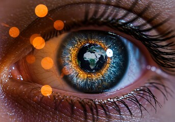 Closeup of human eye reflecting the earth