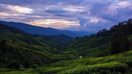 Fototapeta premium Lush tea plantations cascade down rolling hills at sunset.