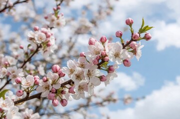 Obraz premium Close-up of blooming buds and blossoms on a flowering tree branch with soft bokeh effect