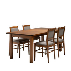  European oak dining table with 4 chairs, isolated, white background.