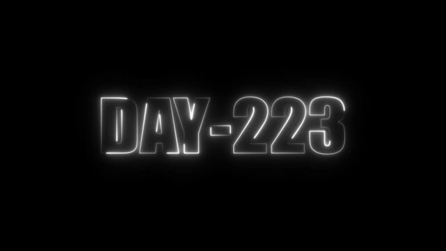 Neon text day-223 animation on black background.calender, text,number, days, date, countdown neon text concept.