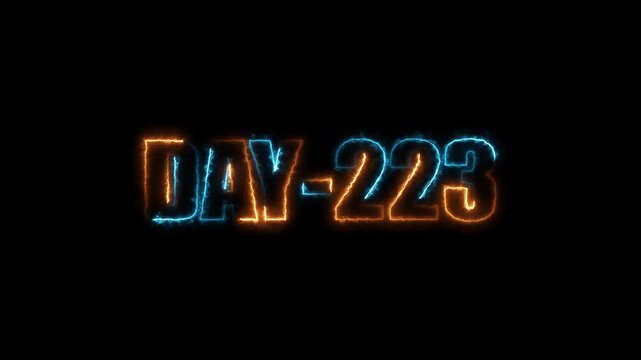 Neon text day-223 animation on black background.calender, text,number, days, date, countdown neon text concept.