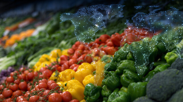 Overhead view of supermarket vegetable section, colorful bell peppers, tomatoes, and leafy greens arranged neatly, overlay of faint global map lines and transport icons representin - Powered by Adobe