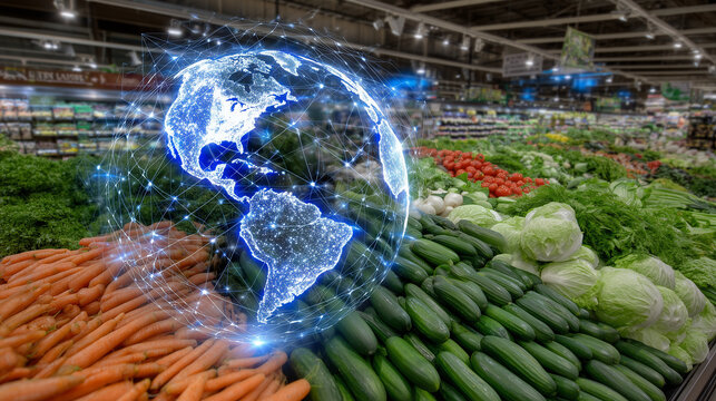Wide-angle supermarket perspective, vibrant display of carrots, cucumbers, and lettuce, superimposed holographic globe highlighting major export regions, conveying global vegetable