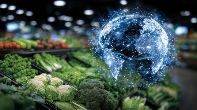 Conceptual infographic style, fresh vegetables in supermarket racks, holographic globe hovering above with glowing shipping paths, representing international food distribution netw