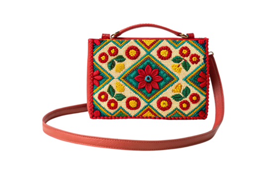Embroidered crossbody bag with geometric flowers, colorful folk patterns, red leather strap, handcrafted artisan design, isolated on a transparent background