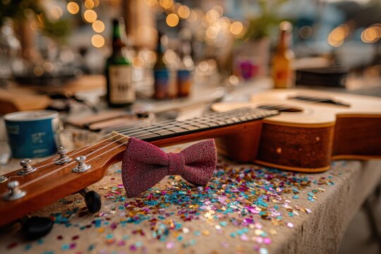Close-up of a Colorful Table Setup Featuring an Acoustic Guitar, Glitter, and a Bow Tie Surrounded by Sparkling Decorations and Bottled Drinks for a Vibrant Celebration