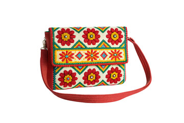 Colorful embroidered handbag with floral patterns, red strap, folk art design, vibrant traditional craftsmanship, isolated on a transparent background