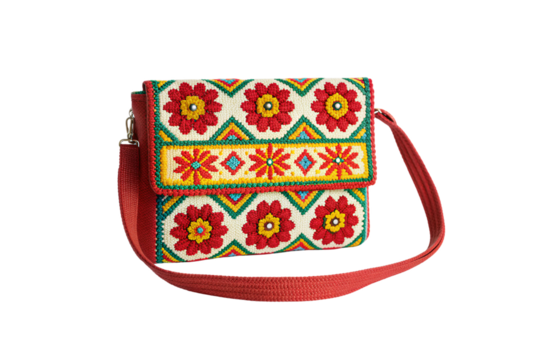 Colorful embroidered handbag with floral patterns, red strap, folk art design, vibrant traditional craftsmanship, isolated on a transparent background