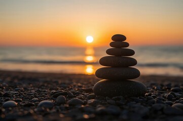Silhouetted stack of smooth stones at sunset by the ocean shore, embodying tranquility and equilibrium.