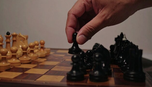 A person's hand moving a black pawn during an ongoing chess game.