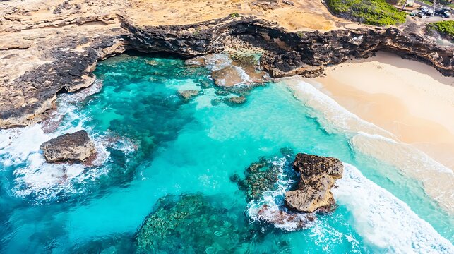 Diagonal aerial shot showing coastline stretch, captured with drone 28mm equivalent, sharp detail on waves and golden sand under bright light