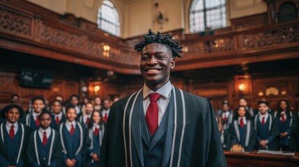 Obraz premium Radiant Scholar's Triumph: A portrait of a beaming scholar stands confidently in a stately auditorium, their graduation attire symbolizing academic achievement and potential.