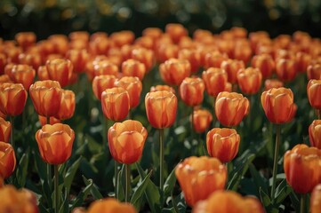 Vertical photo of illuminated orange and yellow tulips in a garden during a flower festival with a soft focus and blurred background
