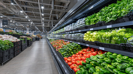 Epic warehouse-style refrigeration, multiple racks filled with fresh produce, tomatoes and peppers gleaming under LED light, leafy greens adding lush color, clean and orderly envir