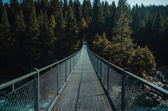 Extended metal suspension bridge with railings and iron chains spanning a flowing river surrounded by dense pine trees on a warm September day. Theme of exploration, active recreation, and hiking.