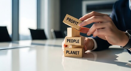 Building 'Profit, People, Planet' for sustainable business. Hand stacks blocks, symbolizing triple bottom line and corporate social responsibility